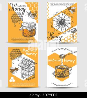 Ensemble de modèles de cartes à dessin main de vecteur miel naturel d'abeille Illustration de Vecteur