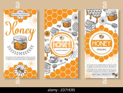 Ensemble de prospectus à dessin main de vecteur miel naturel d'abeille Illustration de Vecteur