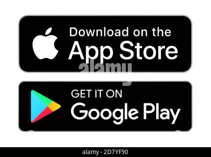 Kiev, Ukraine - 21 septembre 2020: Télécharger sur l'App Store et l'obtenir sur Google Play icônes bouton, imprimé sur papier Banque D'Images