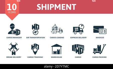 Ensemble d'icônes d'expédition. La collection contient le stockage, la livraison express, le gestionnaire de fret, le chargement, le transport aérien et les icônes. Éléments d'expédition Illustration de Vecteur