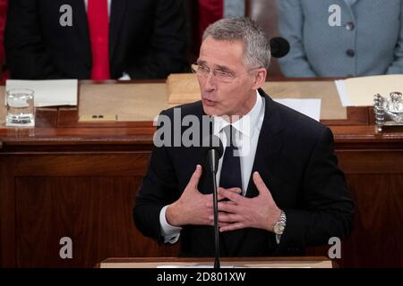 Le Secrétaire général de l'OTAN, M. Jens Stoltenberg, prononce une allocution à l'occasion d'une session conjointe du Congrès sur Capitol Hill, le mercredi 3 avril 2019. Crédit : Alex Edelman/l'accès photo Banque D'Images