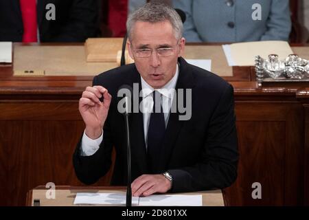 Le Secrétaire général de l'OTAN, M. Jens Stoltenberg, prononce une allocution à l'occasion d'une session conjointe du Congrès sur Capitol Hill, le mercredi 3 avril 2019. Crédit : Alex Edelman/l'accès photo Banque D'Images