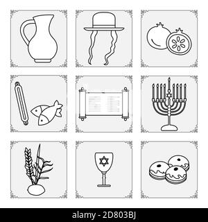 Illustration vectorielle fêtes juives symboles traditionnels Menorah bougies, Torah scroll, carafe d'huile, poisson, beignets, grenade, citron, datte branche de palmier, Illustration de Vecteur