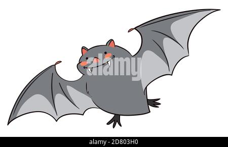 Chauve-souris heureuse et souriante avec de grandes fangs volant, isolée sur fond blanc. Illustration de Vecteur