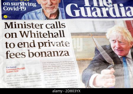 « Minister appelle sur Whitehall pour mettre fin à la manne privée des frais ». Journal Guardian page principale titre 30 septembre 2020 à Londres Angleterre Royaume-Uni Banque D'Images