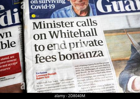 « Minister appelle sur Whitehall pour mettre fin à la manne privée des frais ». Journal Guardian première page titre Londres Angleterre Royaume-Uni Banque D'Images