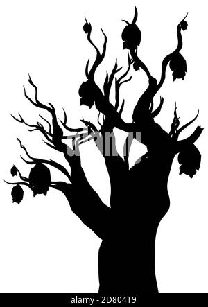 Silhouette sombre isolée d'un arbre flétrisé avec des chauves-souris qui y sont suspendues, sur fond blanc. Illustration de Vecteur