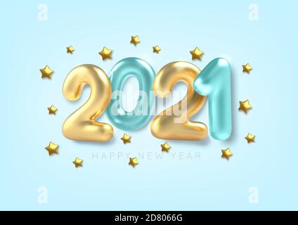 Bonne Année. Ballon d'inscription 3D réaliste or et bleu 2021 et étoiles sur fond bleu. Illustration vectorielle. Illustration de Vecteur