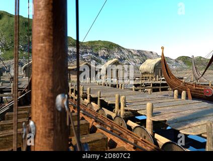 Rendu 3D d'un village médiéval vikings Banque D'Images