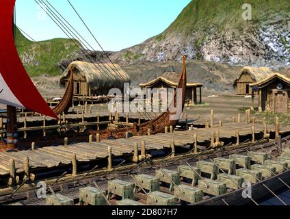 Rendu 3D d'un village médiéval vikings Banque D'Images