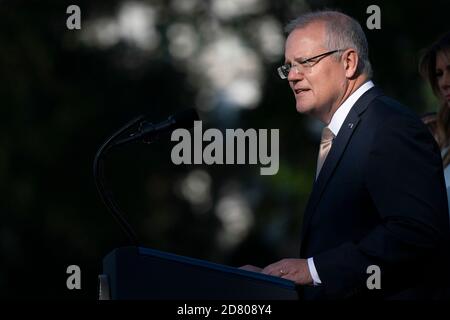 Le Premier ministre australien Scott Morrison s'exprime lors d'une visite officielle à la Maison Blanche le 9 septembre 2019 à Washington. Crédit : Alex Edelman/The photo Access Banque D'Images