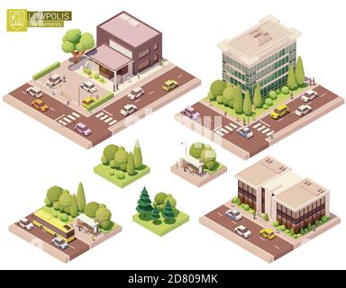 Bâtiments isométriques vectoriels et éléments de rue Illustration de Vecteur