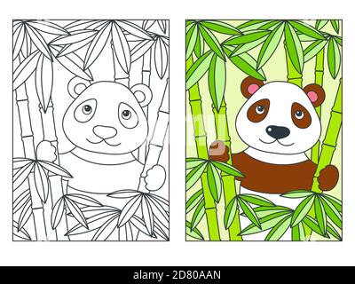 Motif coloré et noir et blanc pour colorier. Panda mignon dans la forêt de bambou. Livre de coloriage et personnage clipart coloré. Vecteur EPS8 Illustration de Vecteur