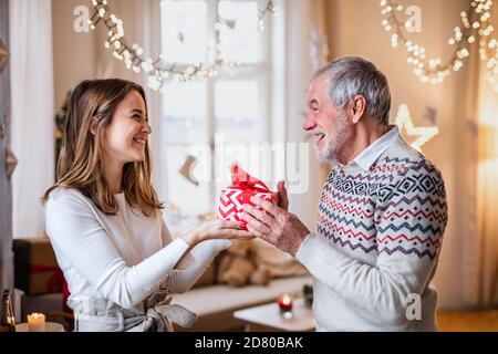 Homme senior donnant cadeau à une petite-fille heureuse à l'intérieur à la maison à Noël. Banque D'Images