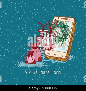 Noël festif, nouveau concept d'an vacances en ligne salutation smartphone dessiné à la main et sapin couronne décorée de boules rouges, cadeaux sur fond neigeux Illustration de Vecteur