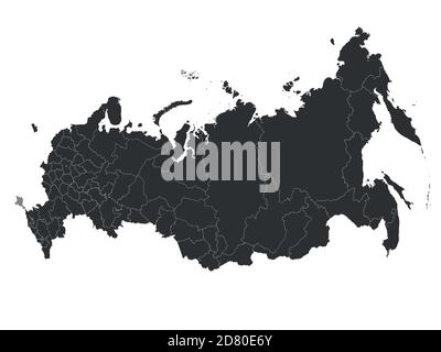 Carte politique vierge de la Russie ou de la Fédération de Russie. Sujets fédéraux - républiques, krays, oblasts, villes d'importance fédérale, oblasts autonomes et oktapis autonomes. Carte vectorielle simple en noir. Illustration de Vecteur