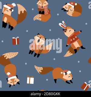 Motif sans couture avec jolis renards dessinés à la main et accessoires d'hiver. Animaux des bois amusants sur fond sombre. Illustration vectorielle. Illustration de Vecteur