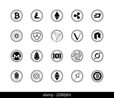 20 ensemble de logos crypto-monnaies le plus populaire - bitcoin, litecoin, ethereum, ripple et autres. Jeu d'icônes noires. Illustration de Vecteur