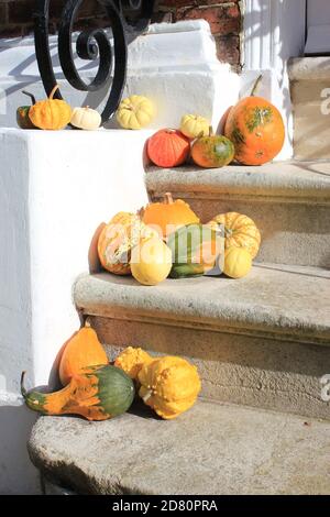 SEIGLE, EAST SUSSEX, Royaume-Uni - 10/29/2020: Halloween décoration de citrouille à la porte et stoop avec des citrouilles d'automne moelle et légumes de courge Banque D'Images