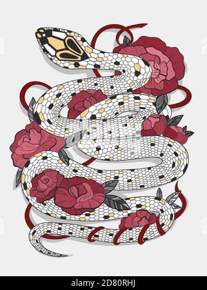 Serpent vintage dessiné à la main avec des feuilles noires et des roses rouges illustration. Croquis graphique pour affiches, tatouage, vêtements, t-shirt, épingles, patches Illustration de Vecteur