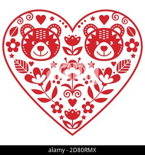 Coeur rouge scandinave avec deux ours amoureux et fleurs folklorique art vectoriel, carte de vœux florale de Saint-Valentin ou invitation à un mariage Illustration de Vecteur