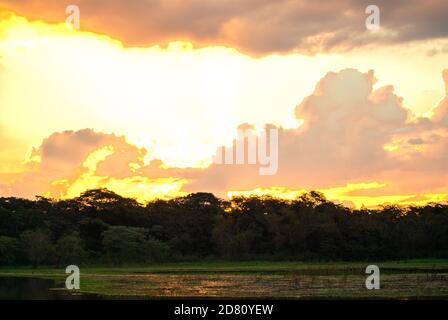 Coucher de soleil sur un lac dans l'état de Minas Gerais, Brésil Banque D'Images