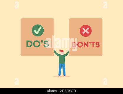 Ne prenez pas de décision. Corrigez l'événement vert et la confirmation d'impact rouge négatif avec une coche en cercle. Illustration de Vecteur