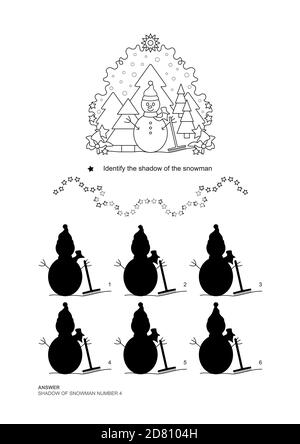 Le jeu des ombres. Forêt de sapins et de bonhommes de neige, chute de neige. Thème de Noël. Jeu d'association éducatif. Illustration vectorielle. Langue anglaise. Illustration de Vecteur