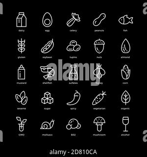 ensemble de 25 allergènes de base et icônes de ligne de régime. Isolé sur fond noir. Illustration de Vecteur