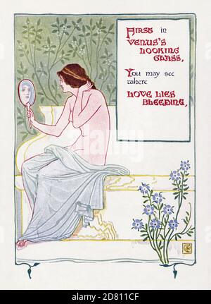 "Tout d'abord dans le verre qui regarde Vénus, vous verrez peut-être où l'amour se saignait". Une illustration de l'artiste britannique Walter Crane utilisée dans son livre A Floral Fantasy in an Old English Garden, publié à New York, 1899. Banque D'Images