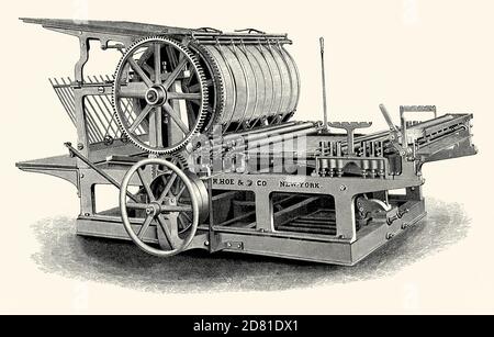 Une ancienne gravure montrant une presse à quatre rouleaux à grand cylindre unique de Hoe c.1860. Il est issu d'un livre victorien d'ingénierie mécanique des années 1880. Cette machine pourrait imprimer de grandes feuilles de matériel imprimé. R Hoe & Company était un fabricant de presses à imprimer basé à New York, établi en 1805 sous le nom de Smith, Hoe & Company. R Hoe & Company a contribué à faciliter la production rapide et peu coûteuse de journaux. L'impression à tambour rotatif a été inventée par Richard March Hoe en 1843. Le papier était alimenté en feuilles par le dessus du tambour rotatif. Banque D'Images