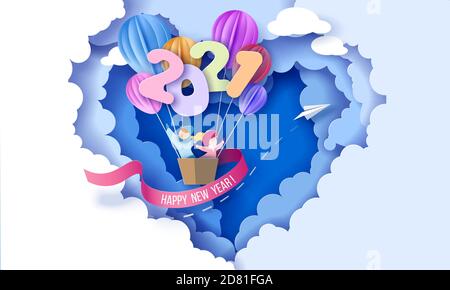 Carte de création du nouvel an 2021 avec enfants dans un panier de ballons d'air volant sur fond bleu ciel avec des nuages en forme de coeur. Illustration de papier vectoriel. Coupe de papier et style artisanal. Illustration de Vecteur