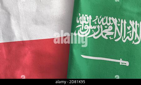 Arabie Saoudite et Pologne deux drapeaux textile tissu rendu 3D Banque D'Images