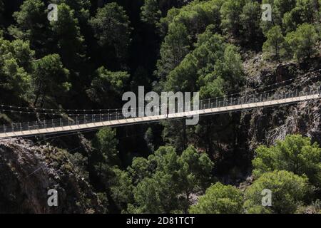 26 octobre 2020: 26 octobre 2020 (Canillas de Aceituno, Malaga ) le Grand chemin de Malaga a de ce lundi une nouvelle et spectaculaire attraction à la place de Saltillo: Un pont de 50 mètres de long situé dans une gorge reliant les municipalités de Sedella et Canillas de Aceituno et des passerelles métalliques situées à plus de cent mètres de haut sur le chemin reliant ces municipalités. La construction du pont suspendu au-dessus de la rivière Almanchares susmentionnée, 50 mètres de long et 1.20 mètres de large, le troisième plus grand en Espagne dans les zones naturelles, qui a été fait d'acier et de bois et qui est suspense Banque D'Images