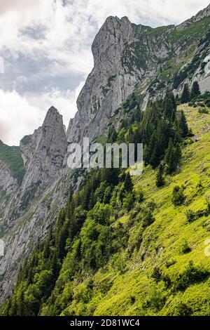 Belle vue sur le troisième plus grand lac de montagne du canton d'Appenzell. Le lac Fahlensee se trouve dans une vallée très étroite entre la montagne de Bollenwees Banque D'Images