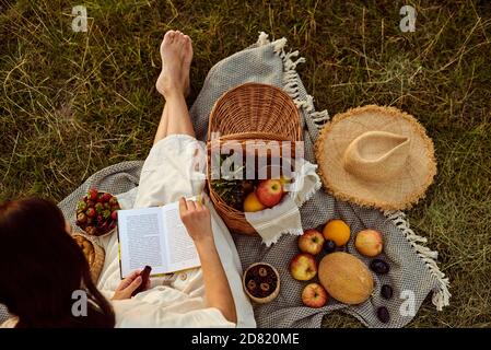 La fille est assise sur un plaid en plein air et lit un livre. Pose à plat. Banque D'Images