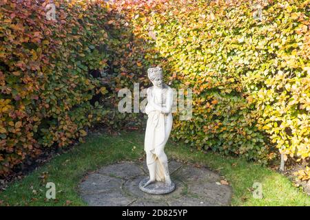 Une statue d'une femelle avant une haie de hêtre (Fagus sylvatica) en automne dans un jardin domestique, Royaume-Uni Banque D'Images