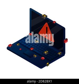 Des bogues et des virus informatiques ont attaqué un ordinateur portable. Illustration vectorielle isométrique protection des données, concept de sécurité des informations. PC avec symbole d'erreur rouge sur di Illustration de Vecteur
