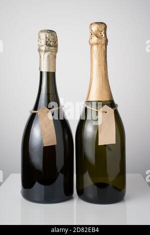 Différents types de champagne sur fond clair. Vue latérale. Banque D'Images