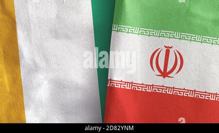 Iran et Côte d'Ivoire Côte d'Ivoire deux drapeaux tissu textile Rendu 3D Banque D'Images