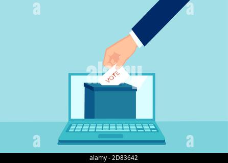 Vecteur d'une main mettant le papier avec vote dans l'urne dans un ordinateur portable Illustration de Vecteur