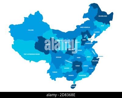 Carte politique bleue de la Chine. Divisions administratives - provinces. Carte vectorielle plate simple avec étiquettes. Illustration de Vecteur