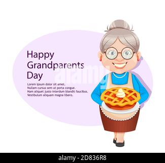 Carte de vœux de bonne fête de Thanksgiving. Personnage de dessin animé de grand-mère tenant une tarte douce à la citrouille. 8 mars, heureux grand-parents. Vieille femme mignonne. Vecteur Ill Illustration de Vecteur