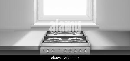 Table de cuisine et cuisinière à gaz avec plaques de cuisson et grilles en acier noir. Illustration réaliste vectorielle de la table de cuisson en métal et du comptoir de cuisine gris près de la fenêtre. Four en acier inoxydable pour la cuisson Illustration de Vecteur