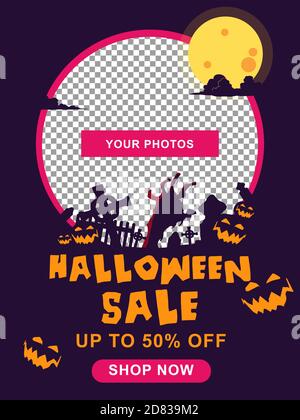 Bannière de vente d'Halloween. Arrière-plan d'Halloween avec pierres tombales, citrouille, monstre, maison hantée et pleine lune. Circulaire d'invitation ou modèle pour un Hallowe Illustration de Vecteur