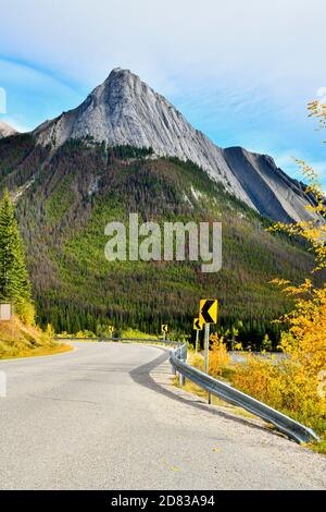 Une scène d'automne le long du lac Medicine à un angle vif avec Annonciation Peak en arrière-plan dans le parc national Jasper, Alberta Canada.