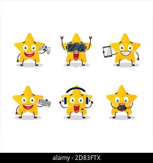 Personnage de dessin animé étoile jaune jouent à des jeux avec divers mignon émoticônes Illustration de Vecteur