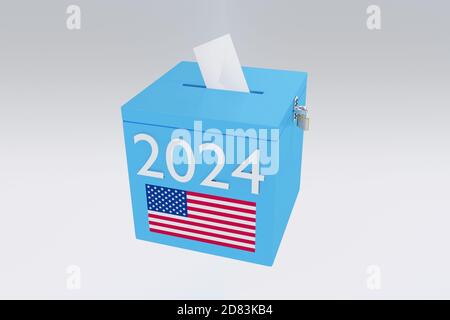 Illustration 3D du script 2024 sur une urne, et une enveloppe de vote a été insérée dans l'urne, isolée sur un dégradé gris. Banque D'Images