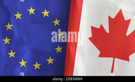 Le Canada et l'Union européenne deux drapeaux textile tissu rendu 3D Banque D'Images
