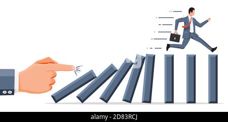 Homme d'affaires s'éloignant de Domino en chute libre. Effet de la réaction de la chaîne Domino dans l'entreprise. Gestion de crise, intervention financière, impôt, dette, frais et faillite. Illustration vectorielle de style plat Illustration de Vecteur